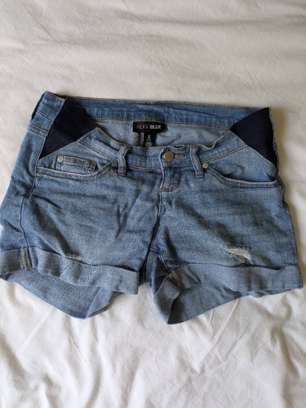 Indigo Blue Light Wash Distressed Denim Shorts - XS